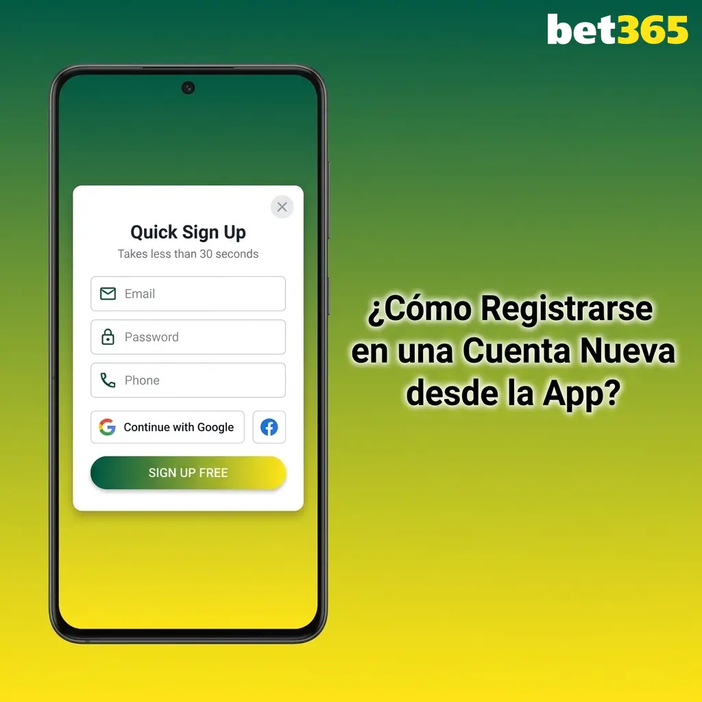 Persona registrándose en cuenta nueva de Bet365 desde la app móvil en dispositivo Android o iOS