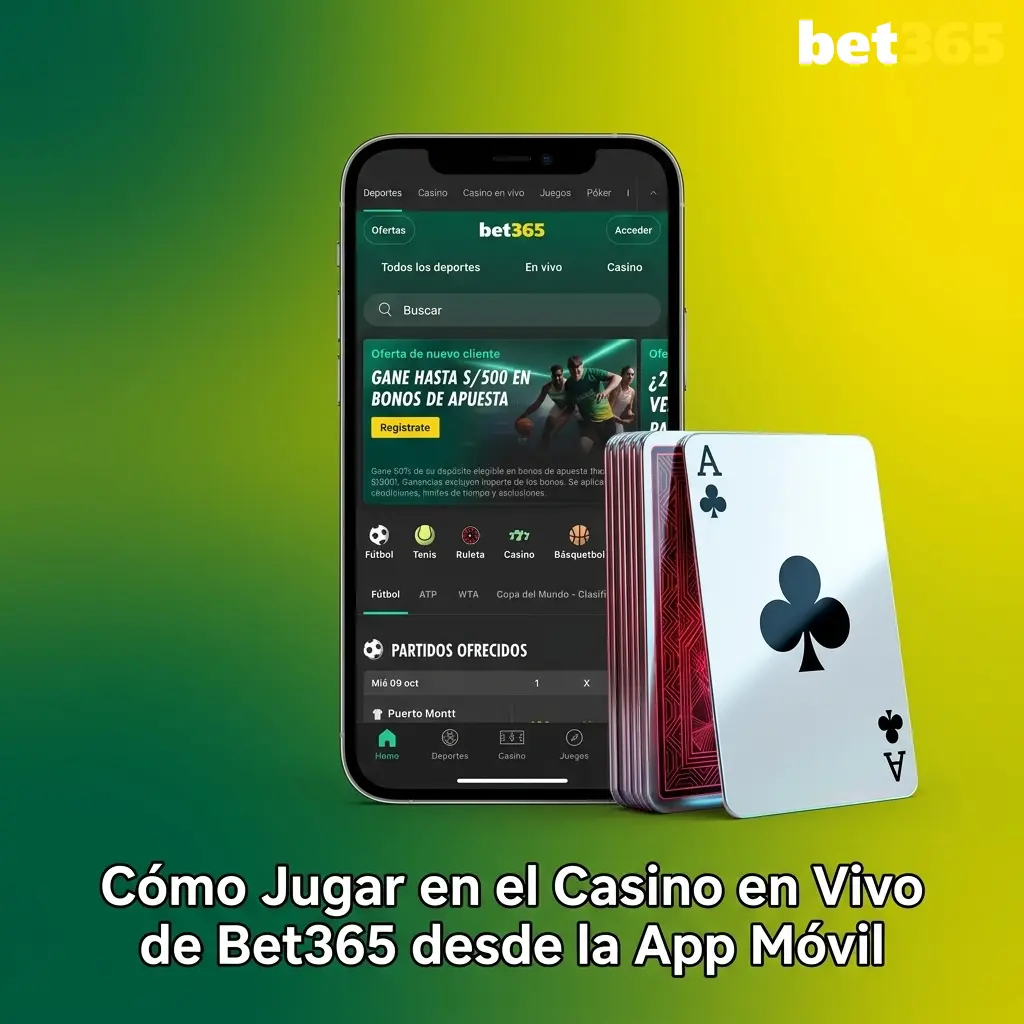 Jugador usando app móvil de Bet365 para acceder al casino en vivo con transmisión HD y apuestas en tiempo real