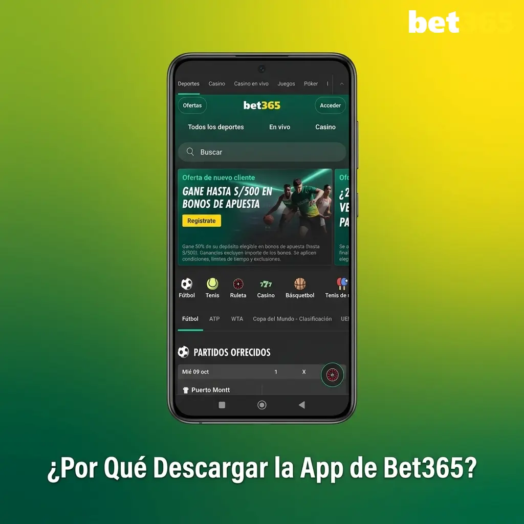 Pantalla de la app Bet365 con opciones de deportes, casino en vivo y transmisión de eventos desde móvil