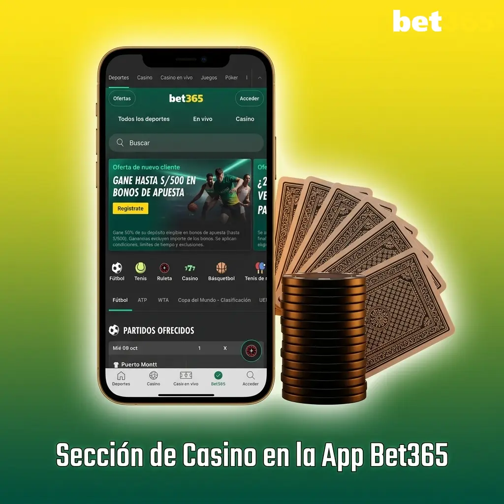 Sección de casino en la app Bet365 con tragamonedas, ruleta, blackjack y casino en vivo desde móvil